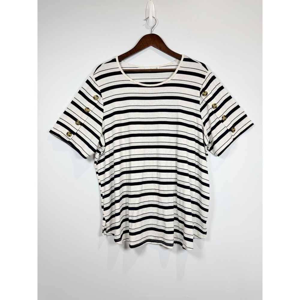 Retrology Womens 2X Striped Short Sleeve Top Navy Ivory Lurex Button Shoulder